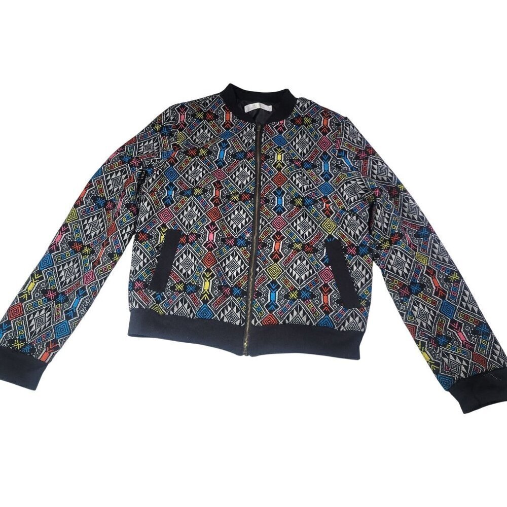 H+S Multicolor Geometric Pattern Ribbed Collar Cuffs & Hem Bomber Jacket Size S